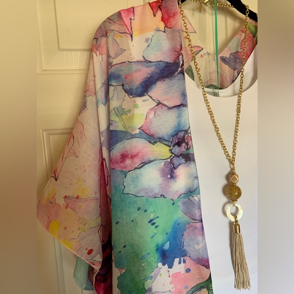 NWT Museum Art Ruana Rhuana Kimono Cover-Up OS “Watercolor Flowers” - Picture 7 of 10